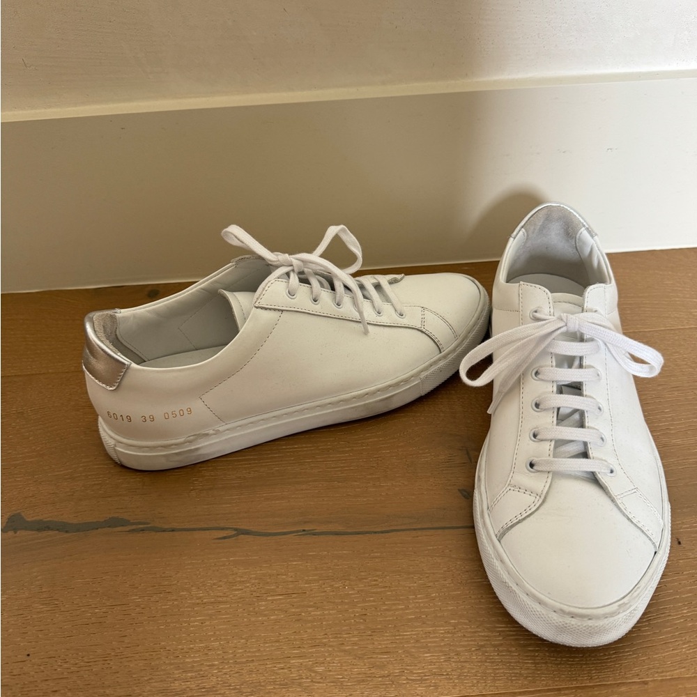 Common Projects White and Silver Minimalist Sneakers